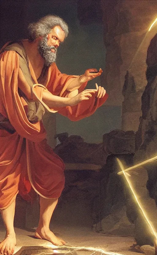 Prompt: Socrates casting an electricity spell. Digital art trending on artstation. 4k. Tyndall effect.