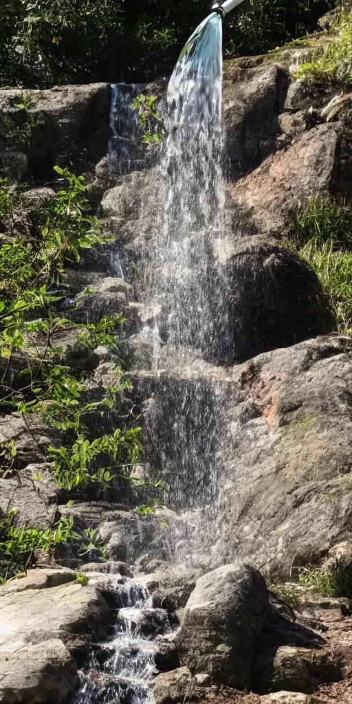 Image similar to water bottle being poured, the water coming out merges with a waterfall that is visible in the background, painting, sunny day