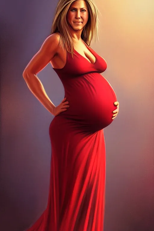 Image similar to pregnant jennifer aniston in a red dress, realistic portrait, symmetrical, highly detailed, digital painting, artstation, concept art, smooth, sharp focus, illustration, cinematic lighting, art by artgerm and greg rutkowski and alphonse mucha