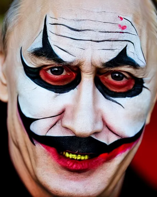 Prompt: a portrait photograph of Vladimir Putin wearing Joker face paint, DSLR photography