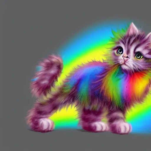 Image similar to wide angle full body, of a fluffy cute rainbow kitten wearing a black motorcycle jacket, concept art