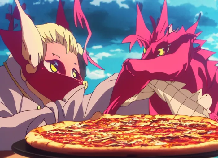 Image similar to anime film still of a dragon eating a pizza, 8 k