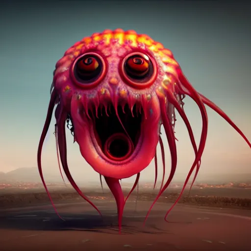 Image similar to a beautiful extreme wide photograph of an evil terrifying jellyfish monster with huge eyes and sharp teeth in a wide open mouth, highly detailed, smooth, very very clean, 8 k, cinematic movie photograph, cinematic lighting, octane render, zbrush central contest winner, 3 d maya render
