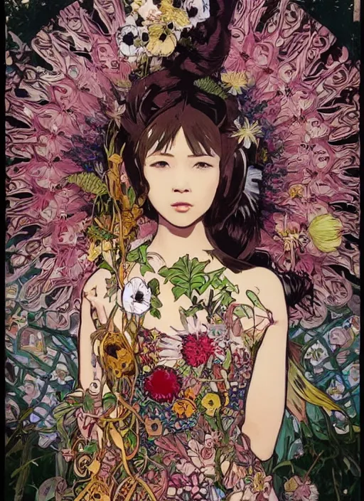 Image similar to !!! very coherent!!! oil painting, beautiful floralpunk iban bio mechanical portrait girl female illustration detailed patterns art of sarawak traditional dress, flower pop art, floral splash painting, art by ashley wood, alphonse mucha, makoto shinkai, geof darrow, dark shadow