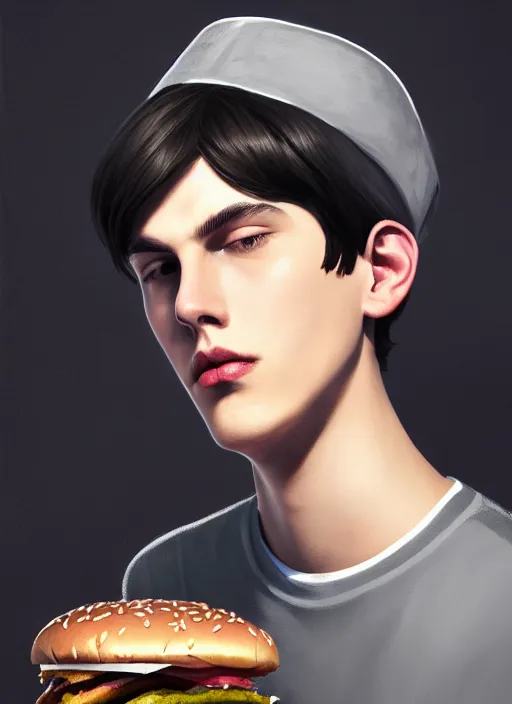 Image similar to portrait of teenage jughead jones wearing a light grey crown, crown, eating hamburger, eyes closed, crown, black hair, intricate, elegant, glowing lights, warm lighting, highly detailed, digital painting, artstation, concept art, smooth, sharp focus, illustration, art by wlop, mars ravelo and greg rutkowski