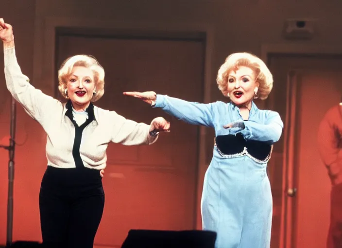 Image similar to publicity photo still of betty white as a gangsta rapper live on stage, 8 k, live concert lighting, mid shot