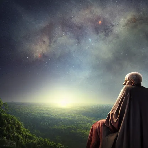 Image similar to a divine old man looking out over the universe, solemn, melancholy, trending on artstation, beautiful matte painting