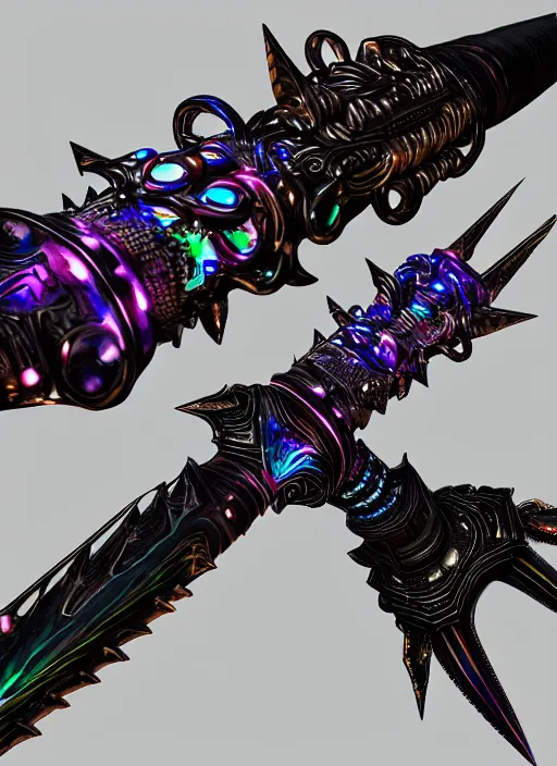 Image similar to legendary glowing sword of cybernetic technology, intricate, sharp black and iridescent blade, ornate gothic baroque spikes hilt, colorful handle, vivid detailed realistic, ray tracing, colored gems, artstation, deviantart