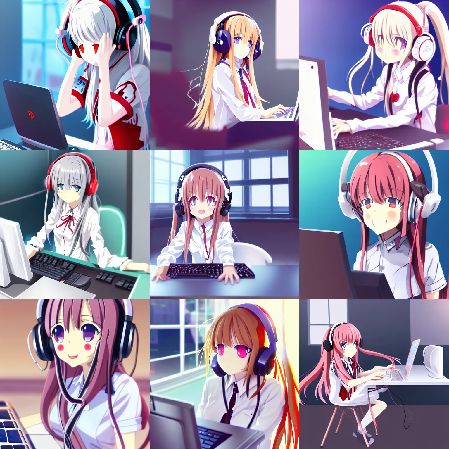 Prompt: white long haired red eyed young cute girl wearing headset playing computer game kyoto animation style, pixiv ranking, mika pikazo, anmi, yumei