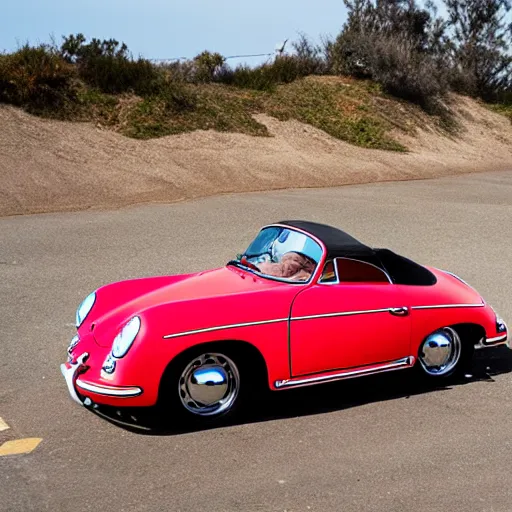 Image similar to abadoned porsche 356 roadster, red interior, at a car park next to a beach in california , morning