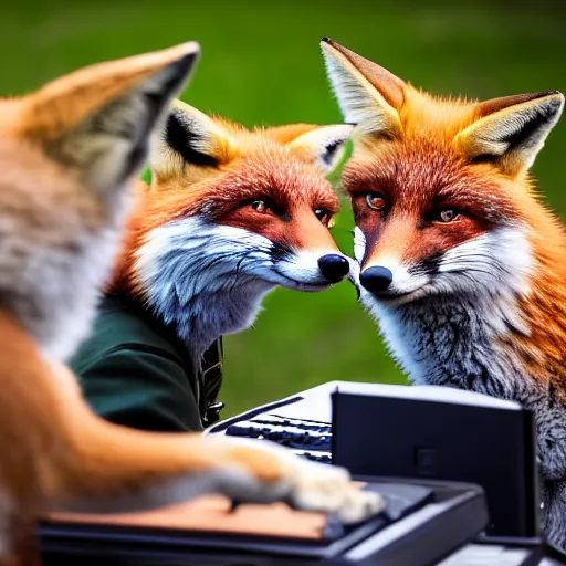 Image similar to a group of fox animals dressed in modern american military soldier uniforms, foxes laughing at a computer, 8 5 mm f / 1. 4