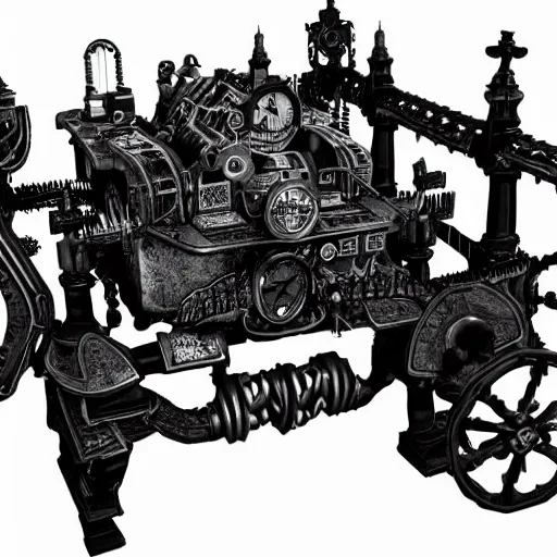 Image similar to a nightmare machine, steampunk, black and white