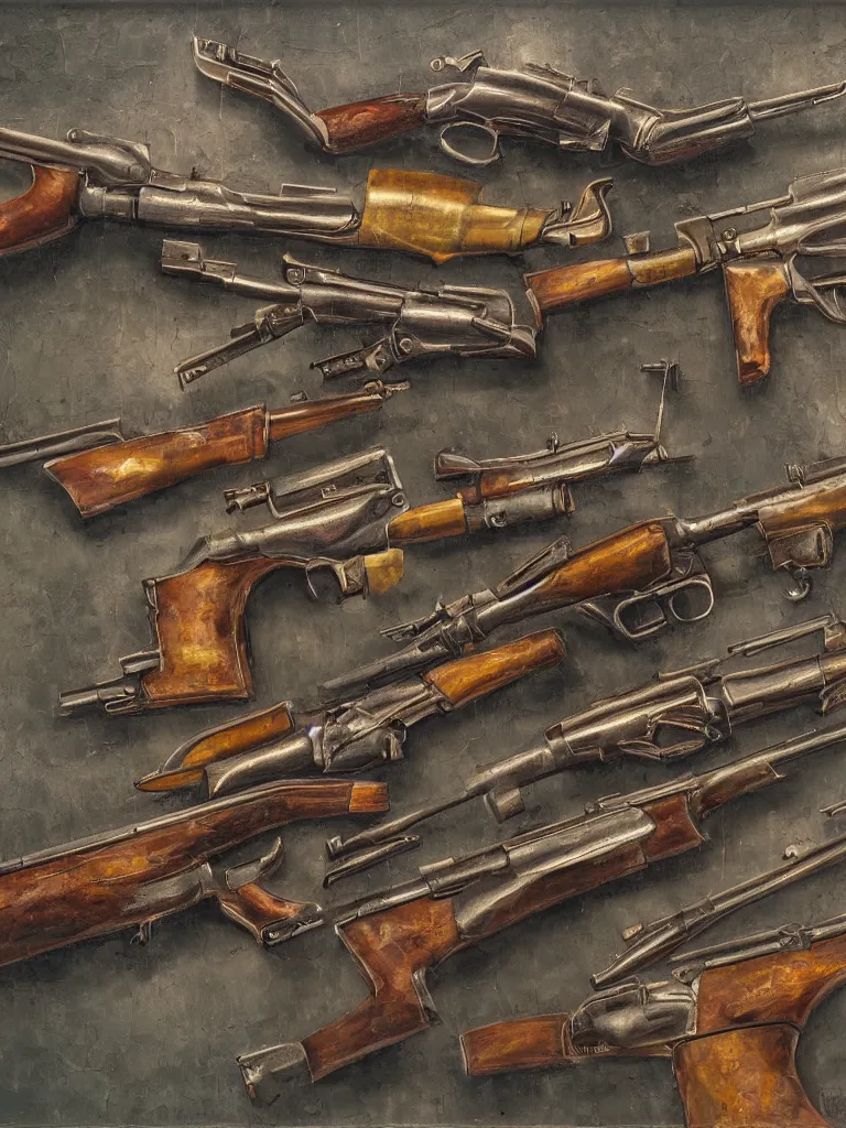 Prompt: detailed oil painting of machine guns shotguns rifles revolvers bullets on a wall, ultrarealistic, intricate details, 4k