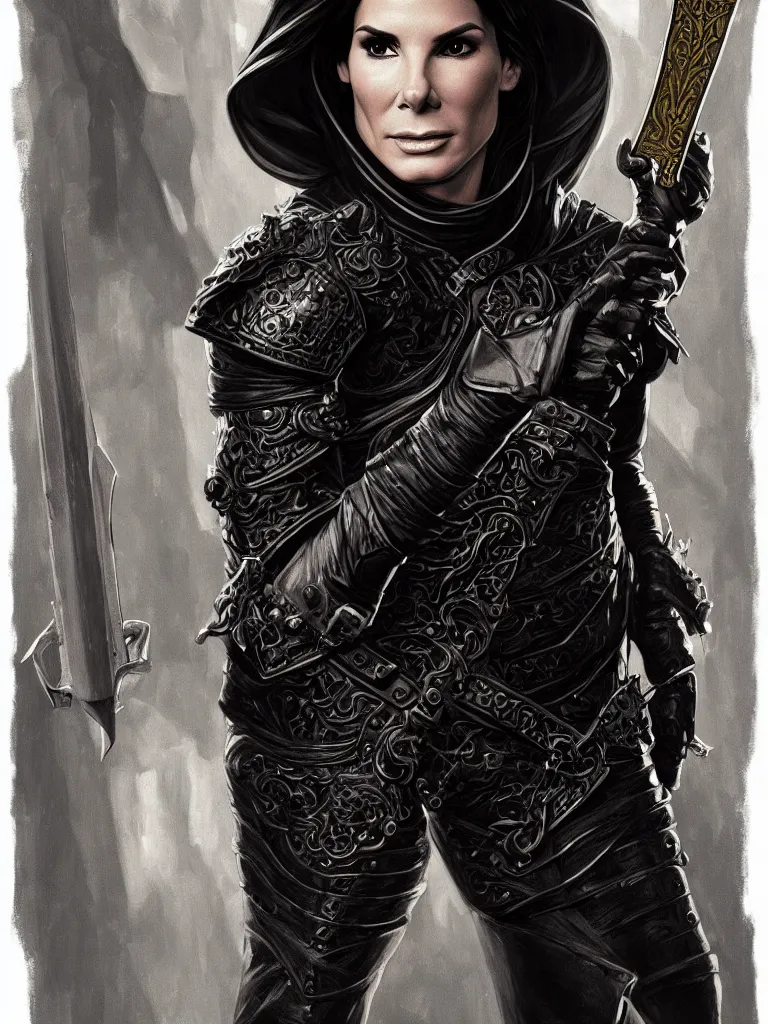 Image similar to portrait of a young sandra bullock as a thief wearing black leather armor and wielding a dagger in a dark alleyway, fantasy, intricate, elegant, highly detailed, digital painting, artstation, concept art, matte, sharp focus, illustration, art by j. c. leyendecker