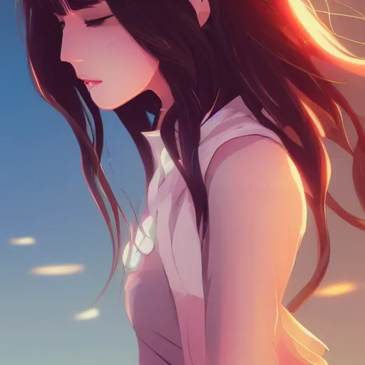 Image similar to a beautiful woman with a hime haircut, dark brown hair and tan skin, dark brown eyes, city landscape, 4k, anime key visual, lois van baarle, ilya kuvshinov, rossdraws, artstation