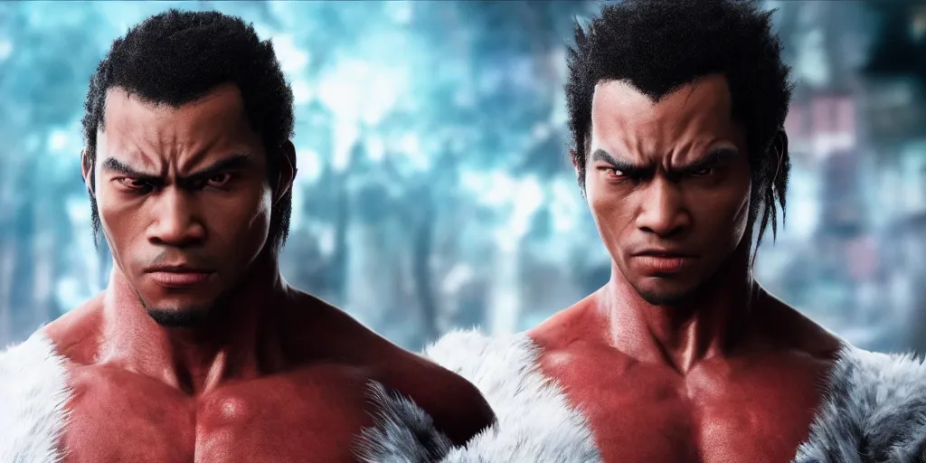 Image similar to a film still of a black man starring in a japanese blockbuster film as kazuya from tekken, shallow depth of field, cinematic, award winning cgi, vfx, film still