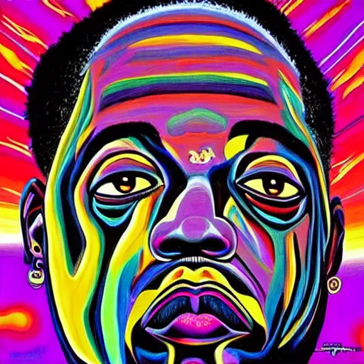 Image similar to The Notorious BIG as a DMT hallucination, painting by Alex Gray