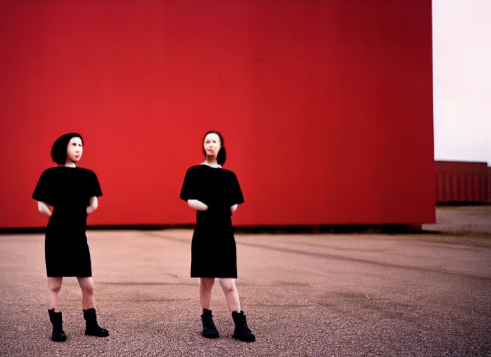 Image similar to cinestill 5 0 d closeup photographic portrait of two clones in front of a brutalist metal building, techwear women, on a desolate plain, red sky, black oversized clothes, depth of field, 4 k, 8 k, hd, full color