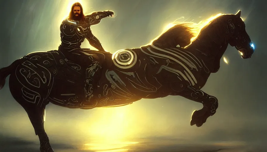 Image similar to tron legacy jesus riding cyborg horse, face, diffuse lighting, hyper realistic, concept art, intricate, hyper detailed, smooth, sharp focus, illustration, trending on artstation, art by greg rutkowski and james gurney and alphonse mucha