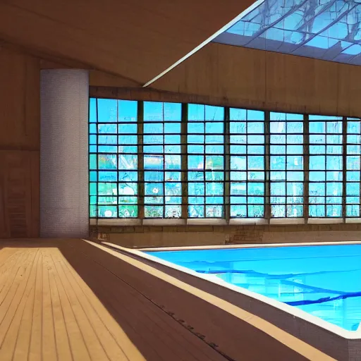 Prompt: huge olympic swimming pool with bay window, artstation, illustration