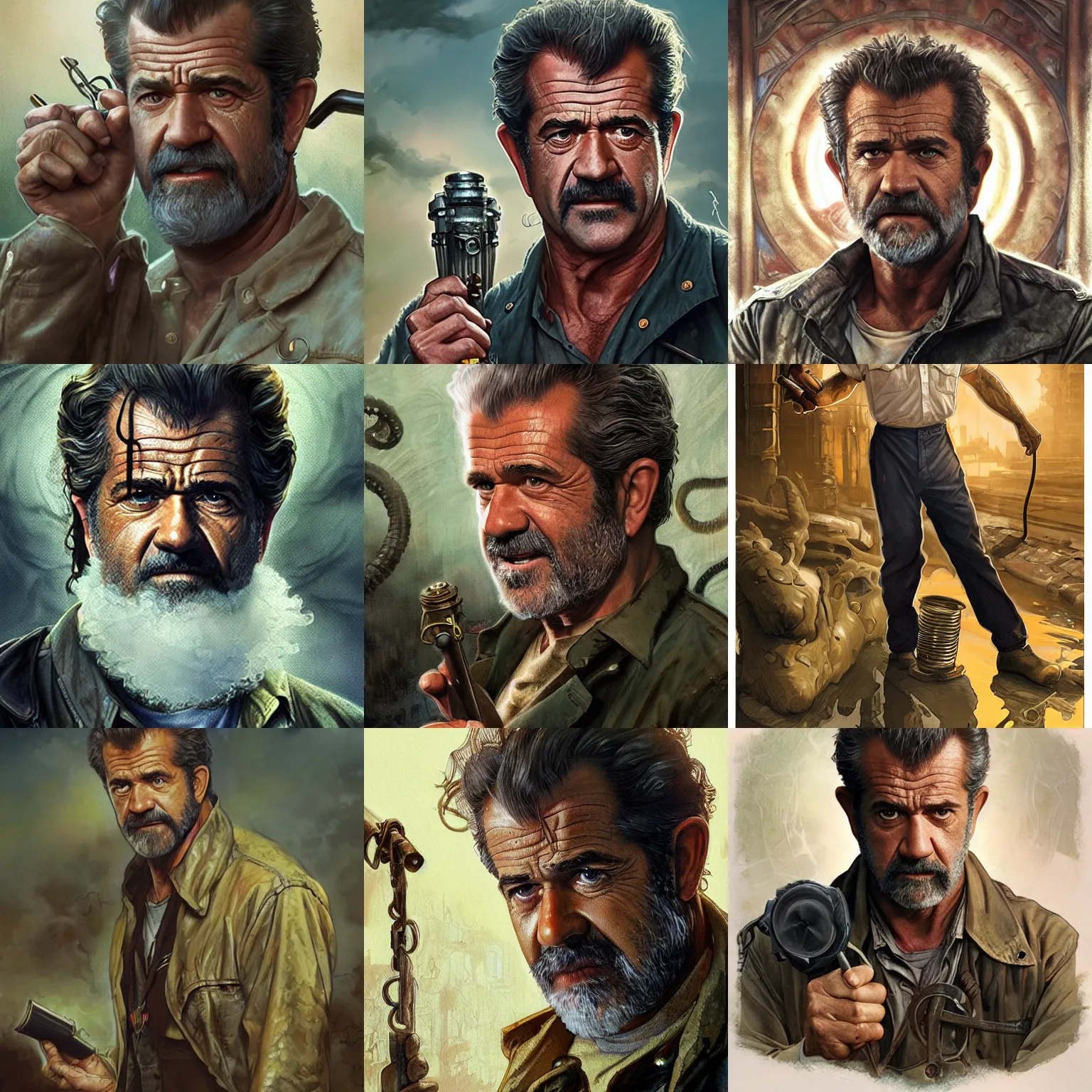 Prompt: Mel Gibson as car mechanic in Call of Cthulhu, closeup, highly detailed, digital illustration, art by Artgerm and Greg Rutkowski and Alphonse Mucha