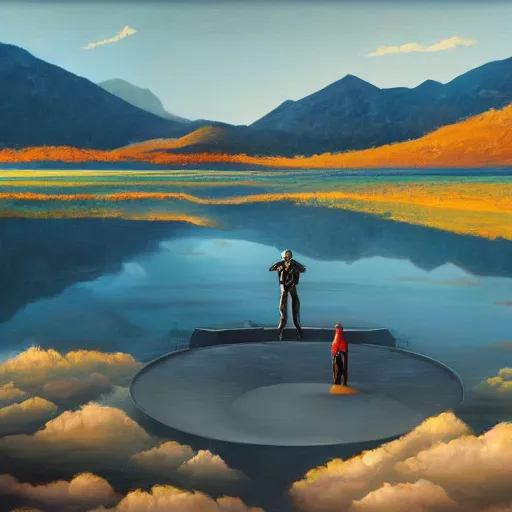 Image similar to largely animated black cube sits in the center, in the air, levitating above a pristine lake with a background of residual peaceful mountains, robustly intricate oil painting, 4 k quality, trending on artstation