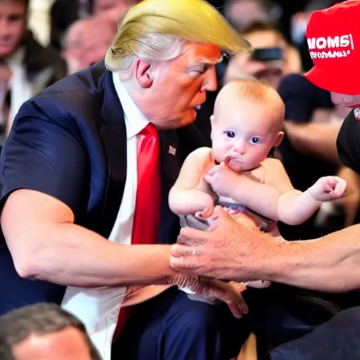 Image similar to Donald Trump arm wrestling a baby, paparazzi