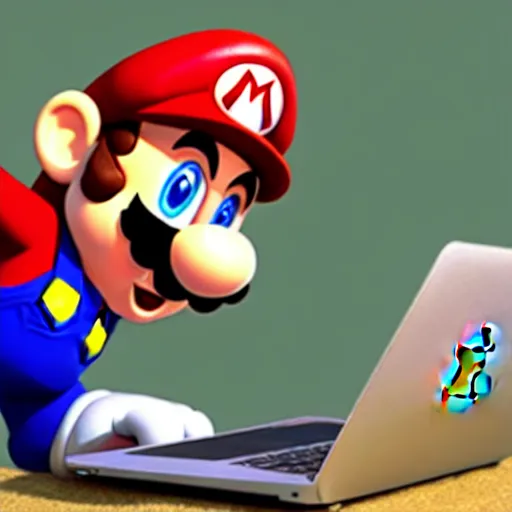 Image similar to photo of super mario working on his macbook, highly detailed, extremely high quality, hd, 4 k, 8 k, professional photographer, 4 0 mp, lifelike, top - rated, award winning, realistic, detailed lighting, detailed shadows, sharp, no blur, edited, corrected, trending