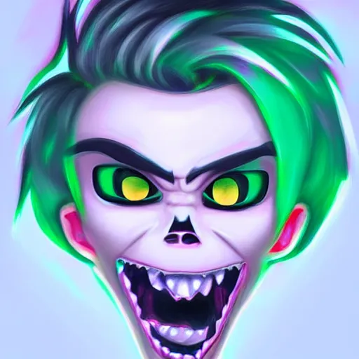 Prompt: danny phantom white hair glowing green eyes sharp teeth evil grin pointed fangs cute detailed photorealistic fanart trending on tumblr, Ross Tran, Casey Weldon,