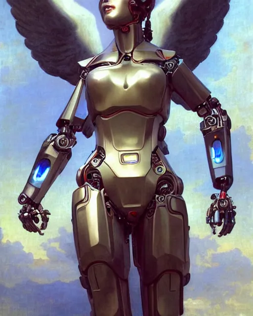 Image similar to female angel with solarpunk mecha humanoid robotic parts with bright led lights, pudica pose gesture, by bouguereau, ultra - realistic and intricate, hdr 8 k