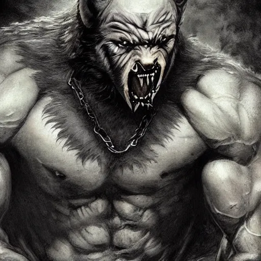 Image similar to werewolf lycanthrope grinning razorpunk vile reprobate jason statham ripped physique portrait Wolfman Wolfman Fenrir with tombow jonas de ro odd nerdrum greg rutkowski frank frazetta alexandre briclot Dave Dorman splatterpaint