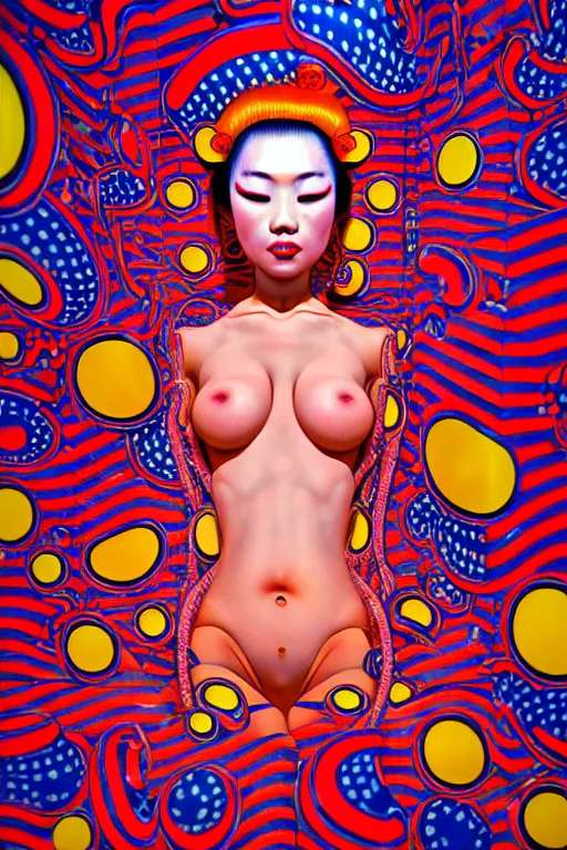 Prompt: realistic detailed image of a geisha laying down in a padded room, conjuring psychedelic background, part by yayoi kusama, part by alex gray, part by ross tran, part by james jean, ultra realistic, highly detailed, 8 k, trending on artstation, very cohesive, masterpiece