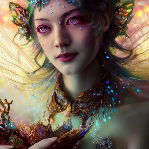 Prompt: face closeup of magical fairy flowers and ice velvet, 4 4 4 4, diamonds, angels, 3 d render, hyper - realistic detailed portrait, holding fire and electricity rainbow, ruan jia, wlop. scifi, fantasy, magic the gathering, hyper detailed, octane render, concept art, peter mohrbacher c 2 0