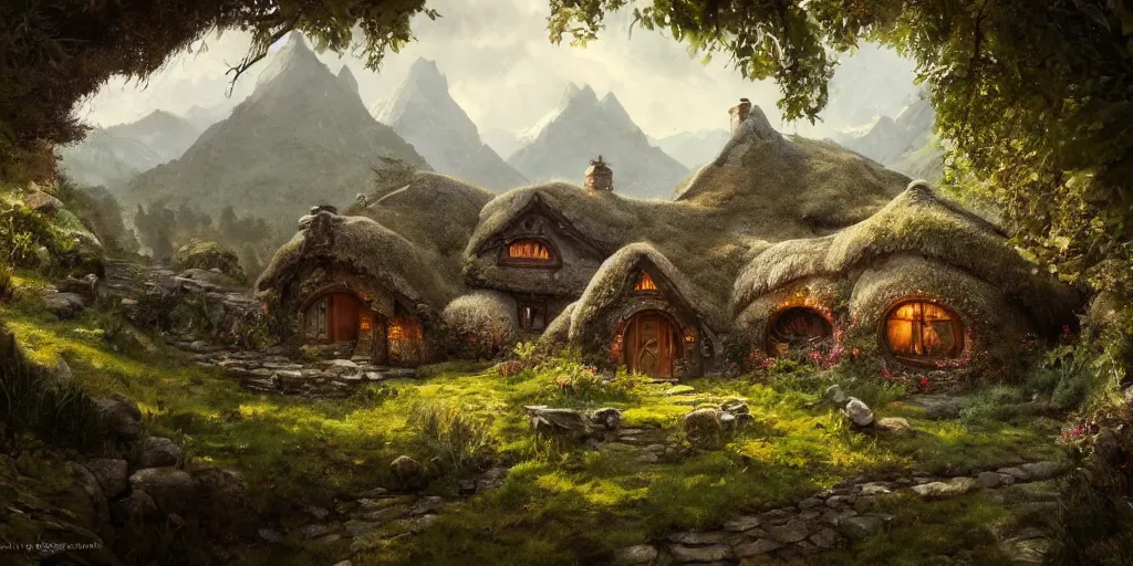 Prompt: a hobbit cottage on top of a steep hill, greg rutkowski, zabrocki, moebius, karlkka, jayison devadas, trending on artstation, 8 k, ultra wide angle, zenith view, pincushion lens effect