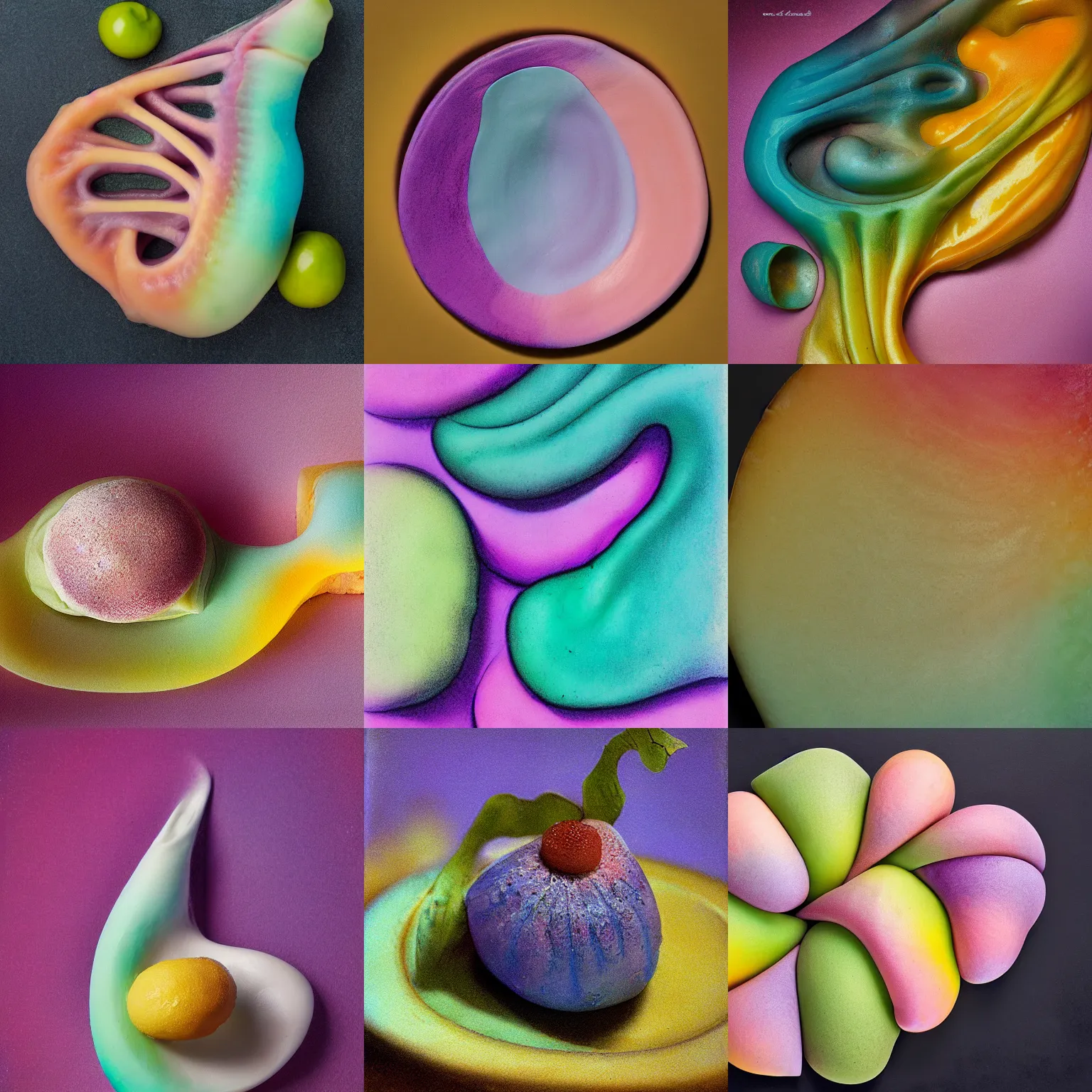 Prompt: one round biomorphic form with gradient hi key pastel colors, by degas, professional food photography