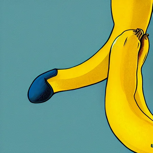 Image similar to banana struggling to put a sock on, cartoon, digital art,