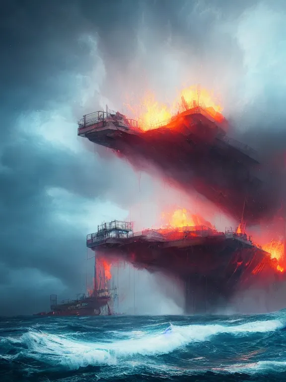 Image similar to photo of 8k ultra realistic burning oil rig at sea, heavy storm, rain, large waves, full of colour, cinematic lighting, battered, trending on artstation, 4k, hyperrealistic, focused, extreme details,unreal engine 5, cinematic, masterpiece, art by Peter Mohrbacher