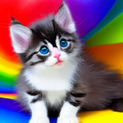 Image similar to retarded rainbow kitten! laying on it ‘ s back showing it ‘ s fluffy belly while looking at the camera!, photorealistic, anatomically correct, sharp focus, 4 k, beautiful,