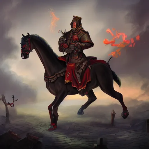 Image similar to Strahd Van Zarovich standing beside flamming horse, digital art