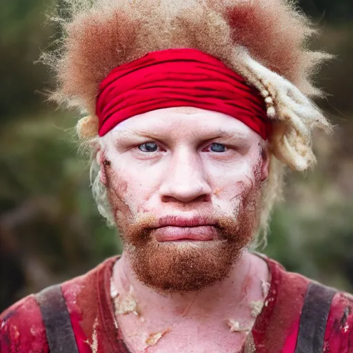 Prompt: photo portrait of an rugged albino albino african african pirate with a red headband wearing a brown vest adult strong, small blonde mustache, afro blonde hair, stern face, rugged and dirty outdoors at a beach, cinematic lighting at sundawn outdoors, movie color grading