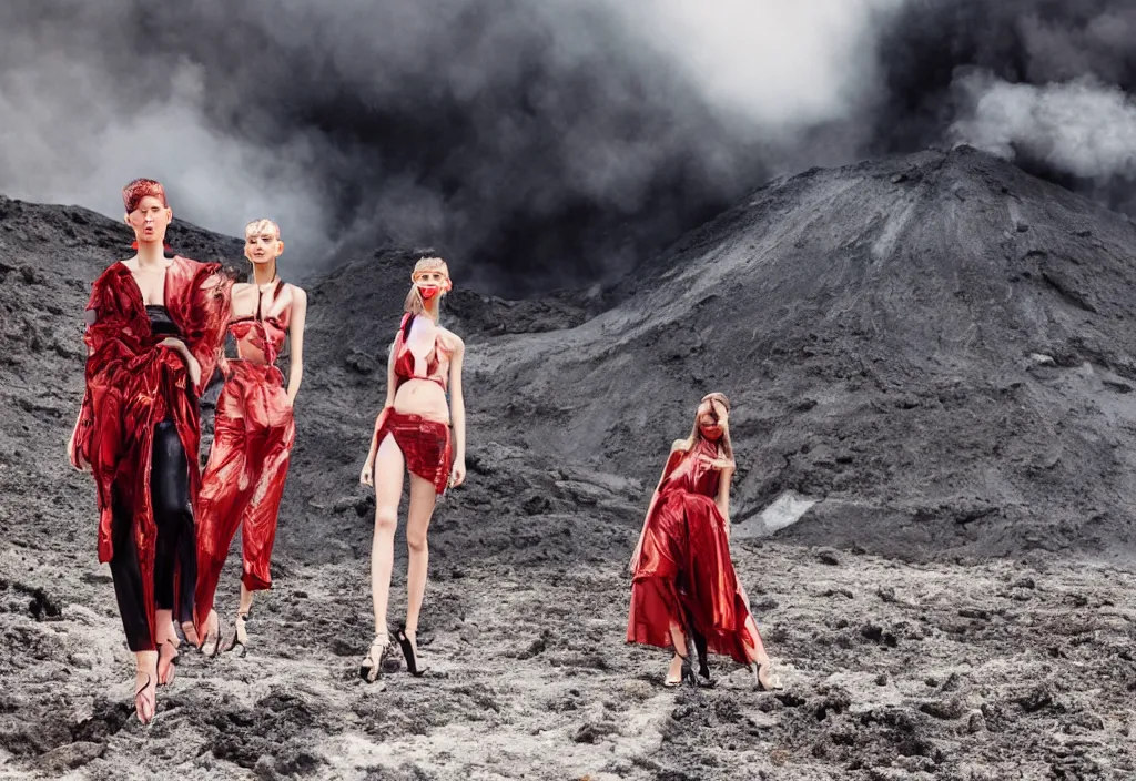 Image similar to fashion editorial in volcano eruption.