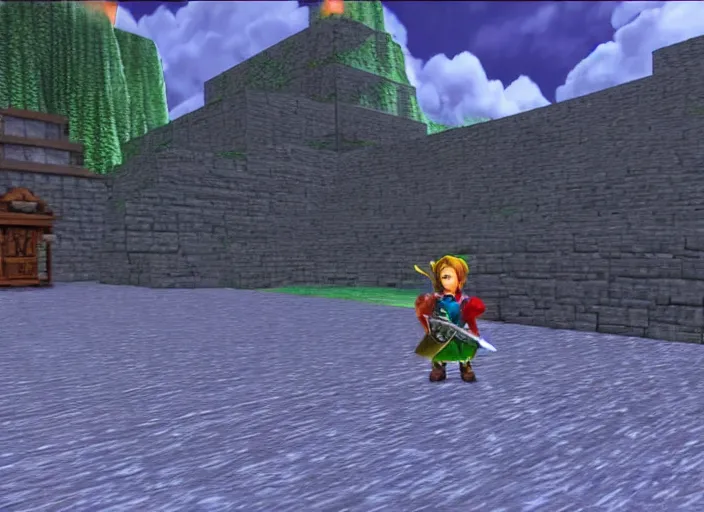 Prompt: a lonely temple next to an ancient city. screenshot of ocarina of time. nintendo 6 4 ( 1 9 9 6 )