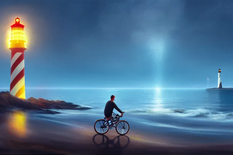 Image similar to photo of man riding a bicycle along the beach that is lit by glowing organisms underwater toward a lighthouse in the distance, wide horizon, large white clouds, intricate, elegant, highly detailed, digital painting, artstation, concept art, smooth, sharp focus, illustration, art by artgerm and greg rutkowski and fra angelico