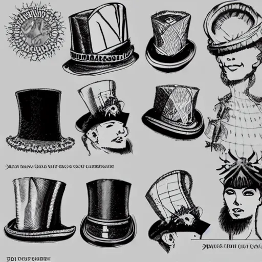 Image similar to clothing design concepts sheet, top hat jesters crown,