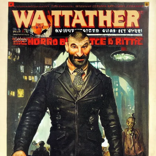 Image similar to dave bautista as sapper morton from blade runner is very proud of his tiny spectacles and boasts about them to a witch, painted by norman rockwell and tom lovell and frank schoonover