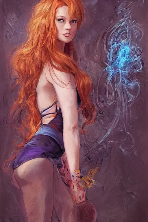 Image similar to frontal standing pose portrait of Sabrina the Teenager Witch, very beautiful young woman, ginger straight hair, Victorian-era push-up underwire. Intricate, concept art, magic mystique imagery themed, D&D!, fantasy style, sharp focus!, ultra detailed, art by Artgerm and Peter Andrew Jones, WLUP, Magali Villeneuve