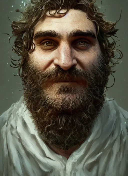 Image similar to a hyper detailed full face portrait of joaquin phoenix as the king of animals, cow, pig, sheep, chicken, horror, by anna podedworna, by miklos ligeti, by diego maricato, on artstation