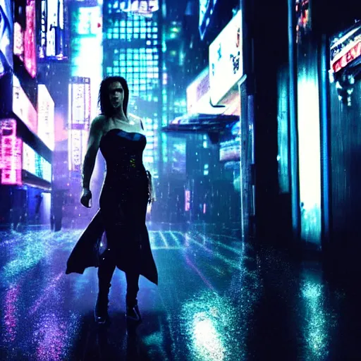 Image similar to jennifer connelly starring in a cyberpunk movie in a distopic futuristic city in the style of bladerunner, movie still, highly detailed, rainy night, volumetric lights, dramatic, scifi, sharp focus