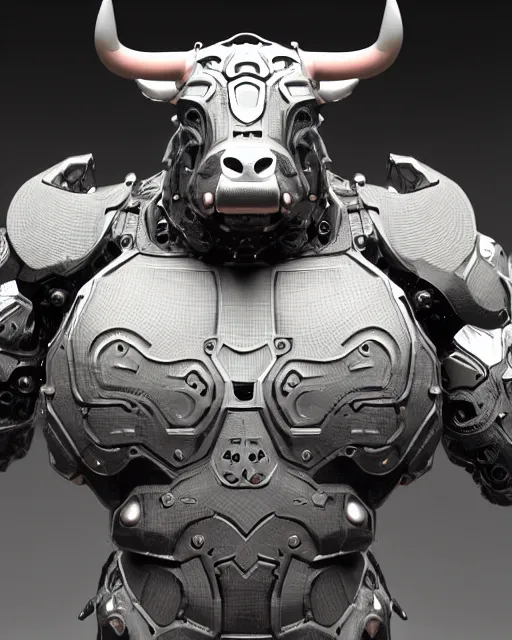 Image similar to a full body shot of a imposing cyborg ( bull ) modeled after a bull with open eyes looking into the camera, intricate pattern, hard rubber chest, highly detailed, android, cyborg, full body shot, intricate, 3 d, symmetrical, octane render, fantasy, highly detailed, digital art, artstation, strong bokeh