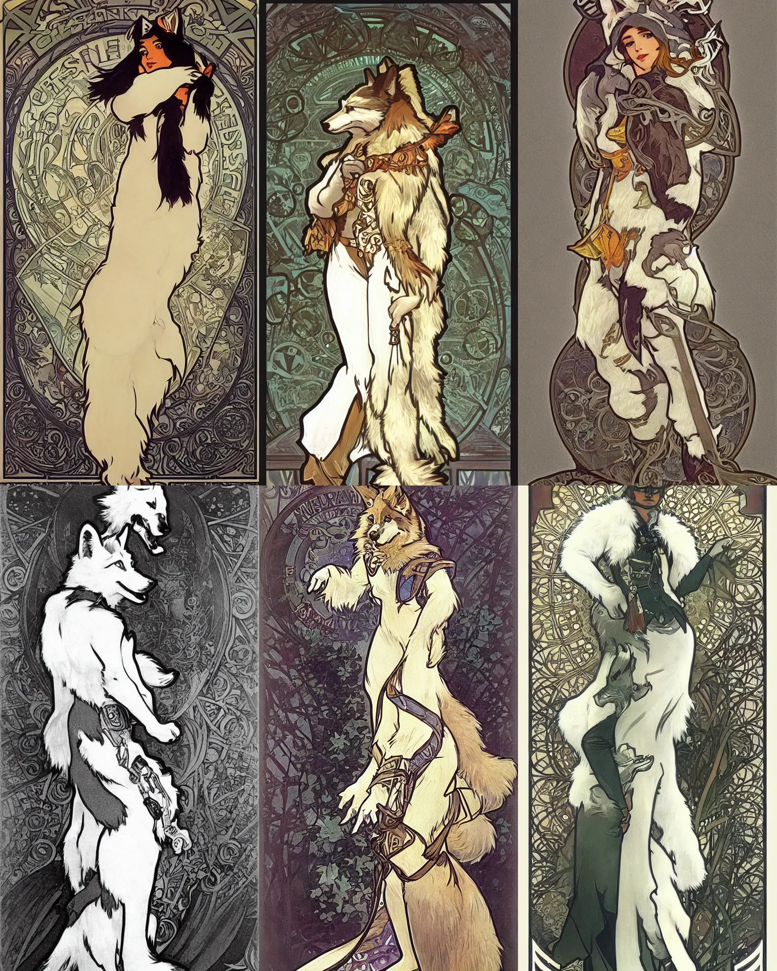 Prompt: anthropomorphic wolf police officer with white fur. Renowned character illustration by alphonse mucha. Trending on furaffinity.